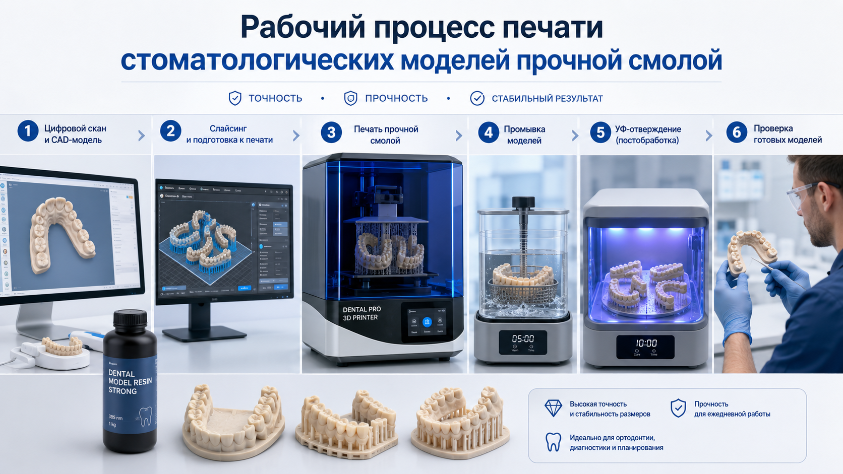 Рабочий процесс печати стоматологических моделей прочной смолой